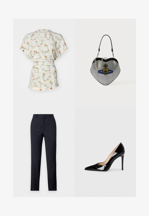 Gėlių raštų trumpomis rankovėmis palaidinė kreminės spalvos, su mygtukais, apvalia iškirpte ir surinkimais ties liemeniu. Lygus, lengvas audinys.; Jūriniai pritaikyti kelnes su tiesiu kirpimu, turinčios lygų paviršių, dvi priekinės kišenės ir švarus liemuo.; Juodas lakinės odos aukštakulnis batelis su smailiu priekiu ir elegantiška siluetu. Pasižymi lygiu, blizgiu paviršiumi ir siauru stiletto kulnu.; Širdies formos tinklinė rankinė su metaliniu blizgiu, kurioje vaizduojamas katės ir planetos dizainas mėlyna, geltona ir raudona spalvomis. Įskaičiuota grandinėlė.