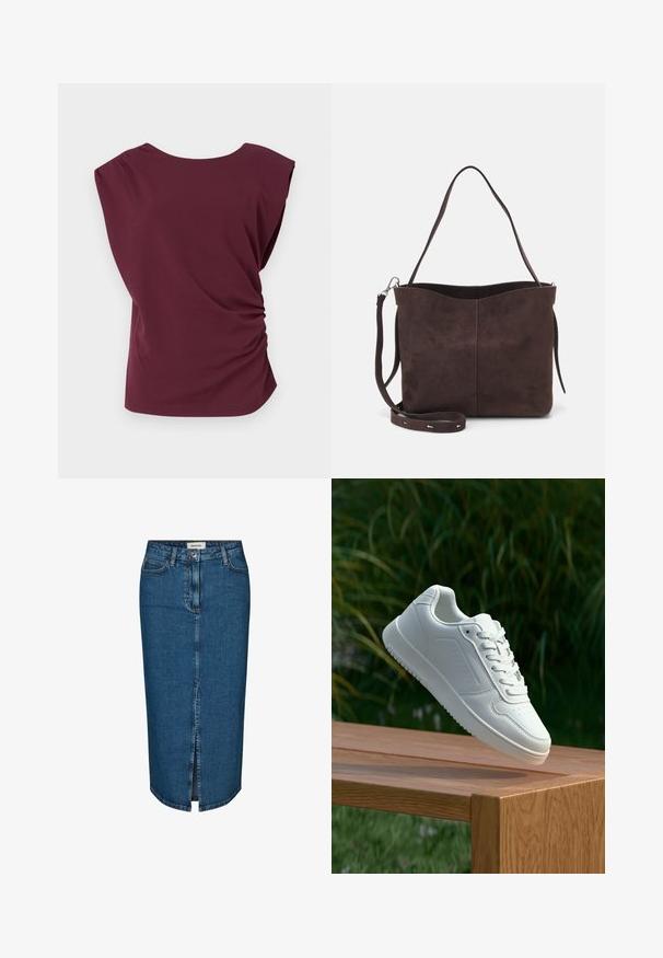 Burgundy short-sleeve blouse with a rounded neckline, gathered shoulder detail, and ruched side design. Made from a smooth, stretchy fabric.; Denim pencil skirt in dark blue, featuring a front slit, five pockets, and contrasting stitching. Mid-rise waist with a classic design.; White sneaker with a smooth synthetic upper, perforated toe box, flat laces, and a textured sole, displayed on a wooden surface.; Brown suede tote bag with a soft texture, featuring a single shoulder strap and a subtle curved top opening. No visible hardware details.