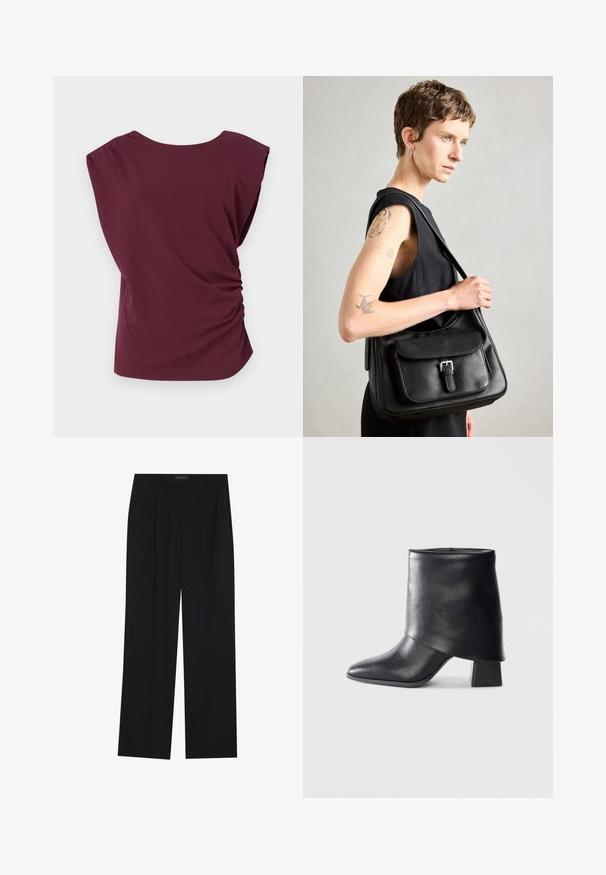 Burgundy short-sleeve blouse with a rounded neckline, gathered shoulder detail, and ruched side design. Made from a smooth, stretchy fabric.; Black trousers with a straight-leg design, featuring two front pockets and a waistband. Made from a smooth, lightweight fabric.; Black leather ankle boot with a pointed toe, smooth texture, and a structured block heel. Features a high, folded cuff design.; Black leather shoulder bag with a front flap, buckle detail, and a smooth texture. Features a single shoulder strap and a minimalist design.