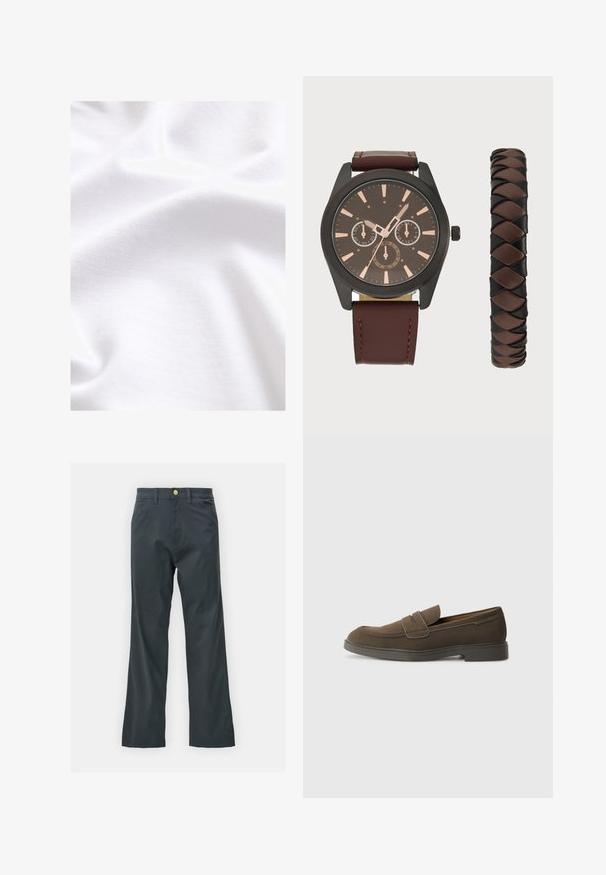 Hvid bomuldsstof med en glat tekstur, der har subtile folder og krøller, hvilket fremhæver dets bløde og lette natur.; Sorte bukser med lige ben, lavet af en bomuldsblandingsstof. Har en metalknaplukning og sidelommer. Ingen synlige mønstre.; Brune ruskinds loafers med en rund tå, en rem over forfoden og en flad gummisål. Enkel design med rene linjer og minimal dekoration.; Pier One SET - Ure - black/brown