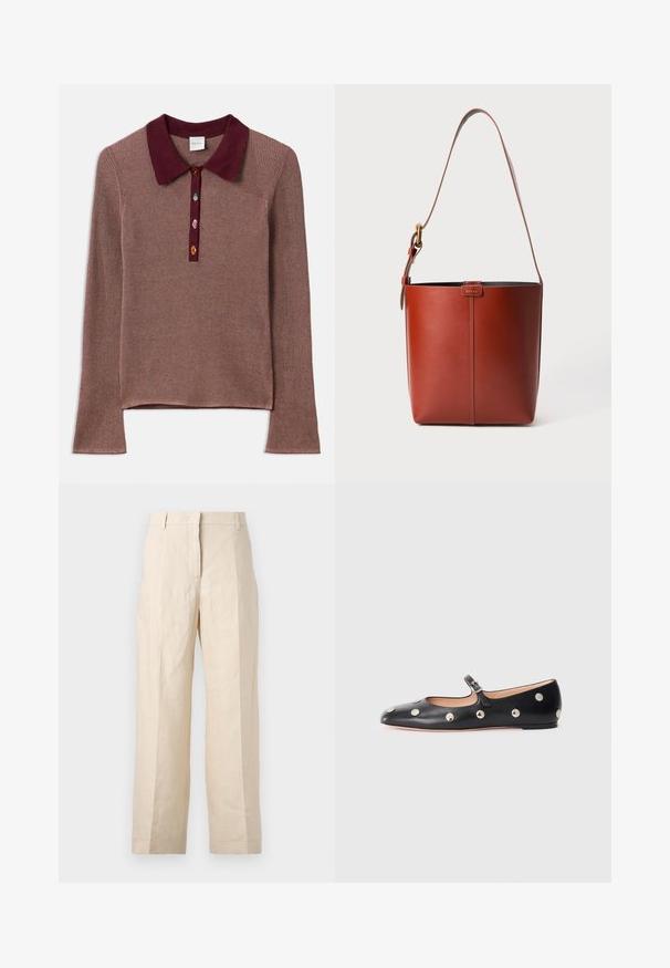 Langarm geribbelde top in mauve met een kastanjebruine polo kraag. Drie meerkleurige knopen bij de hals zorgen voor contrast en detail.; Beige linnen broek met een losse pasvorm, geplooide voorkant en rechte pijpen. Beschikt over een tailleband met riemlussen en geen zichtbare zakken.; Zwarte leren Mary Jane ballerina met een ronde neus, voorzien van zilveren ronde studs en een verstelbaar bandje met een gesp.; Bruine lederen emmerzak met verstelbare schouderband en gouden gesp, eenvoudige verticale naaddetails aan de voorkant.