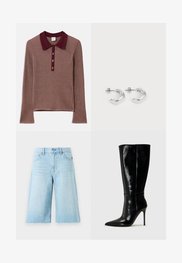 Camisola de manga longa em tom malva com colarinho de polo bordô. Três botões multicoloridos no pescoço adicionam contraste e detalhe.; Calças de ganga de cor azul-clara, com um ajuste solto, bainha desfiada, cinco bolsos e ferragem metálica. Design clássico de jeans com desbotamento sutil.; Botas de couro pretas até ao joelho com bico fino e salto alto de agulha. Textura suave e design elegante, com detalhes mínimos.; Brincos de argola de prata com um acabamento liso e polido. Forma redonda com um design ligeiramente curvado e bordas suavizadas. Fecho de pino.