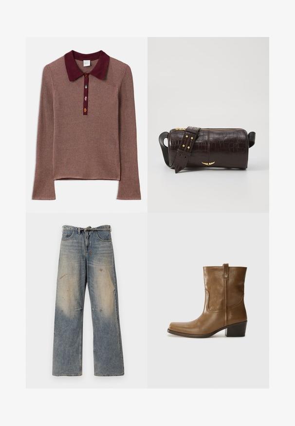 Pikend seljaeheline mauve värvi topp burgundi polo kraega. Kaela juures on kolm mitmevärvilist nuppu, mis lisavad kontrasti ja detaili.; Heledad sinine teksapüksid, millel on lõdva ja sirge jala disain. Omab venitamist, pleekimist ja kulunud detaile põlvede lähedal. Klassikaline viie tasku stiil.; Pruun nahkne ankle boot ruudukujulise varbaga, tekstuuriga viimistluse ja madala virnastatud kontsaga. Sisaldab taga tõmbeaasat ja peeneid õmbluse detaile.; Pruunist krokodillimustrist nahast kott, millel on silindri kuju, kuldse tooni metalldetailid ja eemaldatav rihm, kus on nupud.