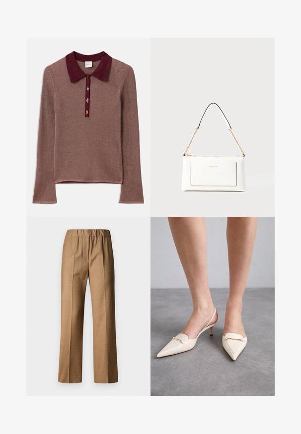 Camisola de manga longa em tom malva com colarinho de polo bordô. Três botões multicoloridos no pescoço adicionam contraste e detalhe.; Calças castanhas, texturizadas, com um corte relaxado, apresentando pernas largas e uma cintura elástica. Design ajustado com pregas frontais.; Sapatos de salto slingback em tom bege cremoso, com bico fino e salto médio elegante, apresentando um detalhe em corrente dourada na parte superior e textura de couro suave.; Bolsa de mão branca em couro com acabamento texturizado, featuring a corrente dourada e detalhes pretos. Inclui um bolso frontal e fecho com zipper.