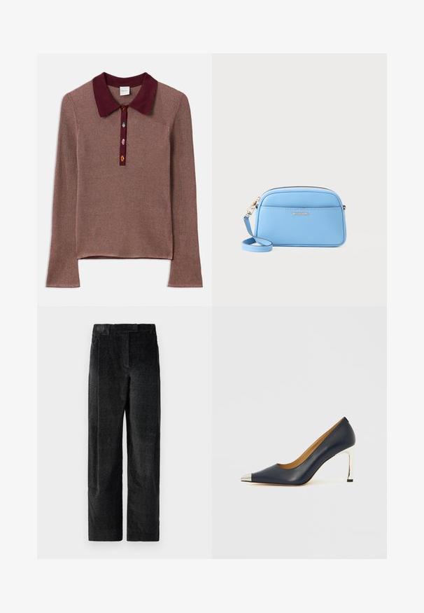 Long-sleeve ribbed top in mauve with a maroon polo collar. Three multicolored buttons at the neck add contrast and detail.; Black, textured wide-leg trousers with a pronounced weave, featuring front pleats and a flat waistband. Classic design for versatility.; Navy leather high heel shoe with a pointed toe, featuring a silver metallic cap and a shiny silver stiletto heel.; Light blue leather crossbody bag with gold-tone hardware, zip closure, and a front pocket. Features an adjustable strap for convenience.