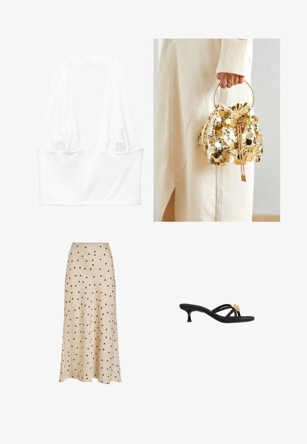 Valkoinen halterneck-crop-top, jossa on syvä V-niskaleikkaus ja kerätty kangas yksityiskohta sivuilla. Valmistettu sileästä, joustavasta materiaalista.; Beige midi-hame, joka on valmistettu sileästä kankaasta ja jossa on mustia pilkkuja koko pinnalla, hieman levenevä siluetti ja halkio-yksityiskohta.; Mustat liukuvaate sandaalit, joissa on ohuet, ristikkäin menevät hihnat. Varustettu pienellä, kapenevalla korolla ja kultaisella koristeella hihnassa. Sujuva pinta.; Kultaista paljettikangasta oleva nyöriolkalaukku, jossa on pyöreä kahva, kiiltävät pyöreät paljetit ja teksturoitu kangas. Mittoja ei ole ilmoitettu.