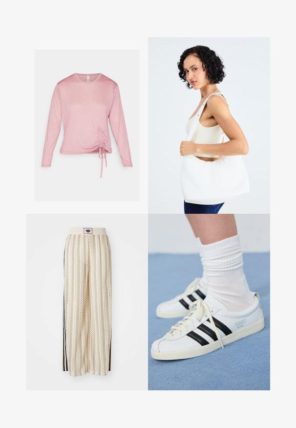Langärmliges pinkes Oberteil aus weichem Stoff, mit einer gerafften Detail am Bund mit verstellbaren Bändern und einem runden Ausschnitt.; Cremfarbene, weit geschnittene Hosen mit einem Zickzackmuster, ausgestattet mit einem schwarzen Logo-Bund und seitlichen schwarzen Streifen. Leichter, strukturierter Stoff.; Weiße Ledersneaker mit schwarzen Streifen, cremefarbener Sohle und hellen Schnürsenkeln. Getragen mit weißen gerippten Socken, positioniert vor einem blauen Hintergrund.; Weißer Schultertasche aus glattem Material mit ovalem Ausschnitt und breitem Tragegurt. Einfach und modern, ohne sichtbare Hardware.