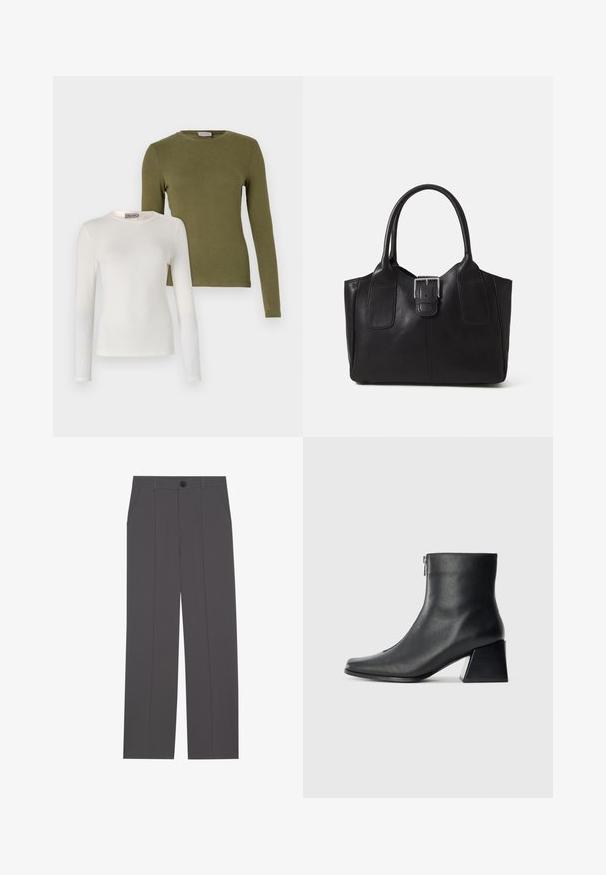 Duos ilgomis rankovėmis: viena balta, kita alyvuogių žalios spalvos. Abi turi apvalius iškirpimus ir lygią, minkštą tekstūrą.; Pilkos kelnės su tiesaus kirpimo dizainu, turinčios dvi šonines kišenes ir mygtuko užsegimą. Lygus audinys be matomų raštų ar akcentų.; Juodas odinis kulkšninis botas su kvadratiniu pirštu, šoniniu užtrauktuku ir blokuotu kulnu, prieš lengvą paprastą foną.; Juodas odinis nešiojamas krepšys su lygiu paviršiumi, struktūrine forma, dviem rankenėlėmis ir ryškiu sidabriniu sagties akcentu priekyje.; Sidabrinis dvigubas žiedas su lygiu, poliruotu paviršiumi. Pasižymi sklandžiu, kreiptu dizainu su persipinančiomis dalimis, suteikiančiomis modernų išvaizdą.