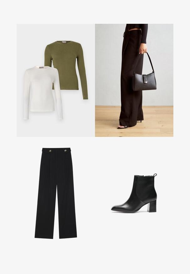 Zwei Langarmoberteile: eines in Weiß und eines in Olivgrün. Beide haben einen Rundhalsausschnitt und eine glatte, weiche Textur.; Schwarze weite Hosen mit hoher Taille, Knopfdetails am Bund und vorderen Falten.; Schwarze Leder-Ankle-Boots mit runder Spitze, moderatem Blockabsatz und einer Schlaufe an der Rückseite. Glatte Textur, minimales Design.; Schwarze Handtasche mit strukturierter Form, glatter Textur und einem metallischen Verschluss. Kombiniert mit weiten schwarzen Hosen und offenen Sandalen auf einem Holzboden.