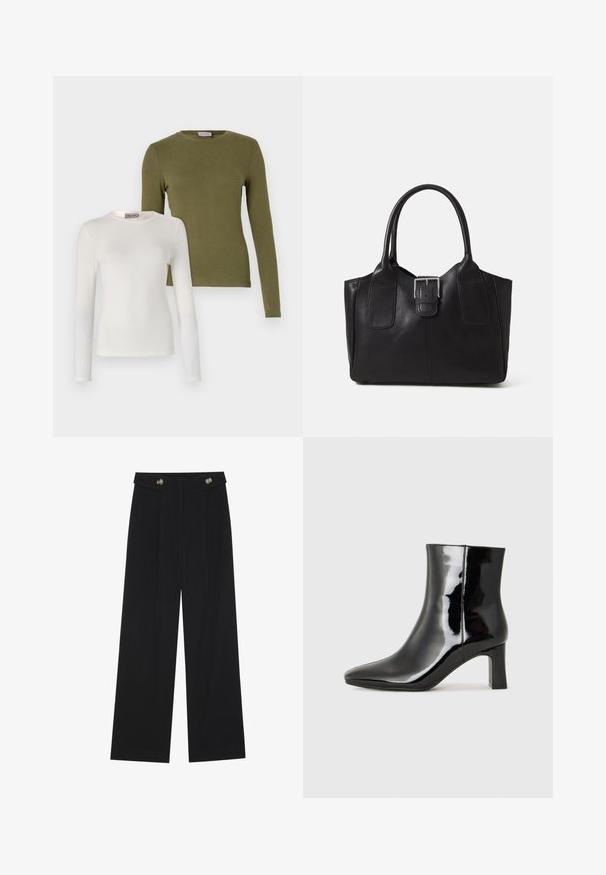 Two long-sleeve tops: one white and one olive green. Both feature crew necklines and a smooth, soft texture.; Black wide-leg trousers with high waist, button details on waistband, and front pleats.; Black patent leather ankle boot with a pointed toe and a mid-height block heel. Smooth texture and minimalist design.; Black leather tote bag with smooth texture, structured shape, two handles, and a prominent silver buckle detail on the front.