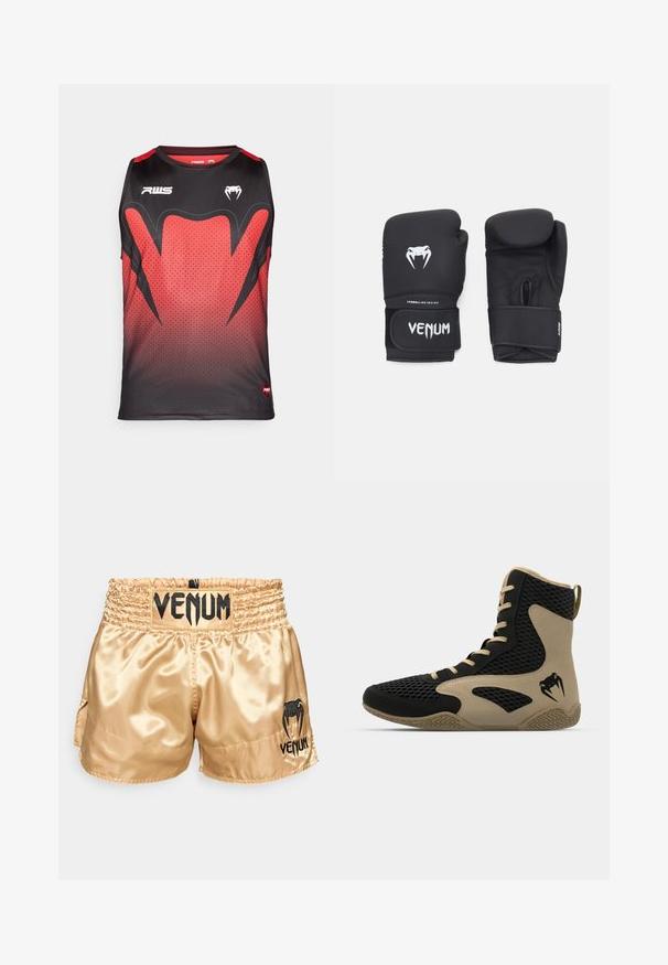 Top deportivo sin mangas en negro y rojo con un patrón degradado, textura hexagonal y atrevidos acentos negros con logotipos.; Pantalones cortos de boxeo de satén dorado con el logo negro "VENUM" en la cinturilla y en los laterales, que presentan una textura suave y una cinta elástica en la cintura para mayor comodidad.; Zapatilla deportiva de caña alta con un exterior de malla negra y acentos en beige. Suela de goma texturizada y detalle del logotipo en el costado.; Guantes de boxeo negros con una textura suave, con un logo de veneno en blanco y una correa ajustable de gancho y bucle para un ajuste seguro.