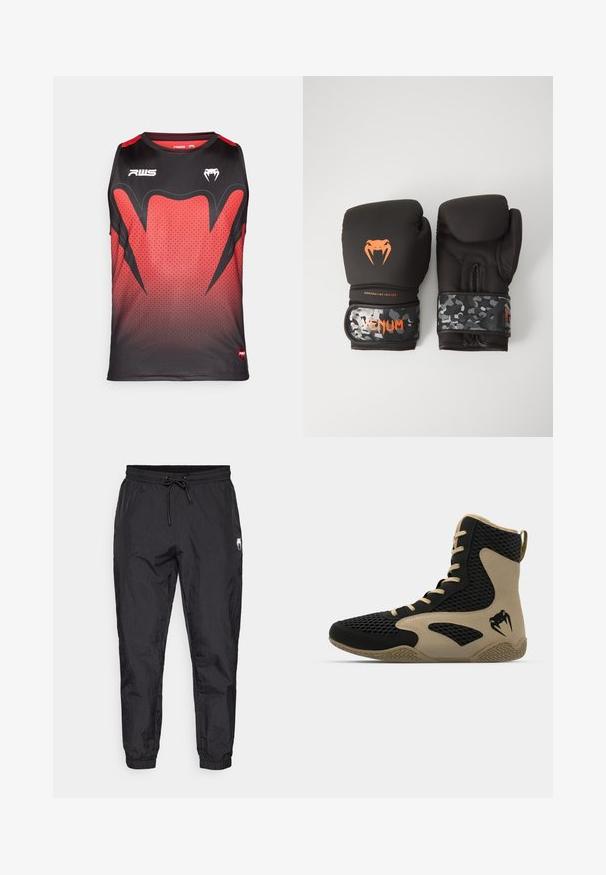 Black and red sleeveless athletic tank top featuring a gradient pattern, hexagonal texture, and bold black accents with logos.; Black, lightweight jogger pants, featuring an elastic waistband with a drawstring, tapered legs, and subtle textured finish.; High-top athletic shoe featuring a black mesh exterior with beige accents. Textured rubber sole and logo detail on the side.; Black boxing gloves with a matte finish and ergonomic design. Orange logo detailing and camouflage-patterned wrist straps.