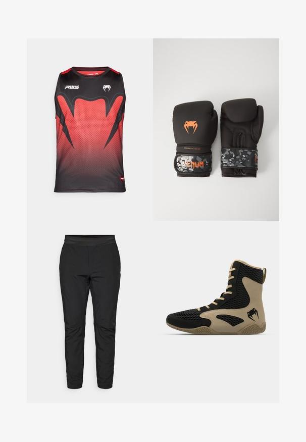 Black and red sleeveless athletic tank top featuring a gradient pattern, hexagonal texture, and bold black accents with logos.; Black stretch pants with a fitted design, elastic waistband, and zippered pockets. Smooth texture with a slightly shiny finish.; High-top athletic shoe featuring a black mesh exterior with beige accents. Textured rubber sole and logo detail on the side.; Black boxing gloves with a matte finish and ergonomic design. Orange logo detailing and camouflage-patterned wrist straps.