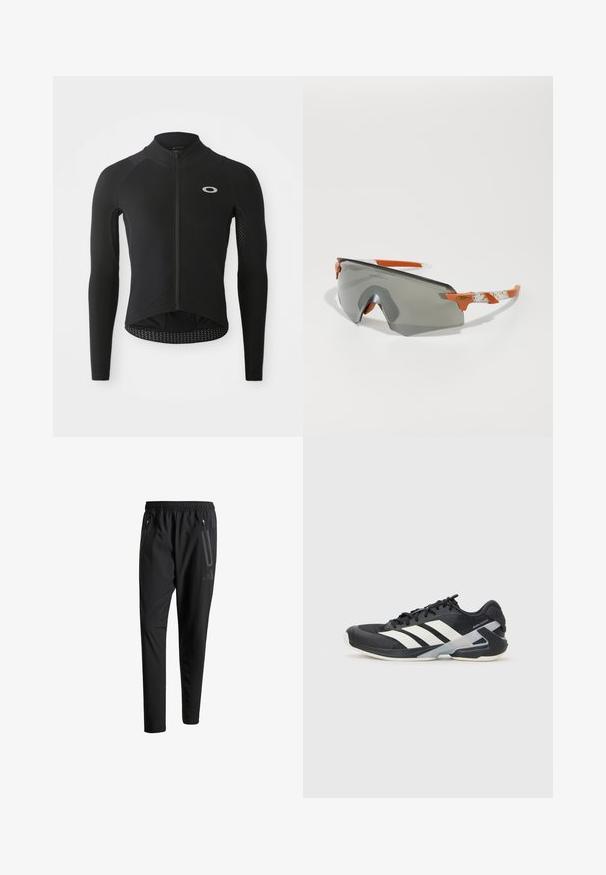 Jersey de ciclismo preto de mangas longas com fecho na frente, painéis de manga texturizados, logótipo refletor no peito e bainha curva na parte de trás.; Calças de treino pretas com uma cintura elástica, dois bolsos laterais com fecho, pernas ajustadas e um discreto detalhe de logotipo no quadril.; Sapata atlética preta com riscas brancas, parte superior em malha, biqueira arredondada e sola acolchoada. Apresenta um calcanhar texturizado e um sistema de atacadores seguro.; Óculos de sol desportivos com lentes cinzentas, detalhes laranja e hastes brancas estampadas. Projetados para performance com um formato envolvente.