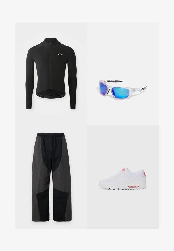 Juodas ilgos rankovės dviratininko džersis su užtrauktuku priekyje, tekstūruotais rankovių paneliais, atspindinčiu logotipu ant krūtinės ir išlenkta nugara.; Juodi kelnės su vilnoniu akcentu, laisvu kirpimu, su kontrastingomis tamsiai pilkomis medžiagos panelėmis ir reguliuojamu raišteliu juosmenyje.; Baltos sportinės sneaker'iai, turintys lygų paviršių, raištelių uždarymą, paminkštintą padą ir matomą oro vienetą su raudonomis akcentais ant prekės ženklo.; Sportiniai akiniai nuo saulės su skaidriais rėmeliais, mėlynai-violetiniais veidrodiniais lęšiais, kampuota forma ir juodais akcentais ant kojelių.