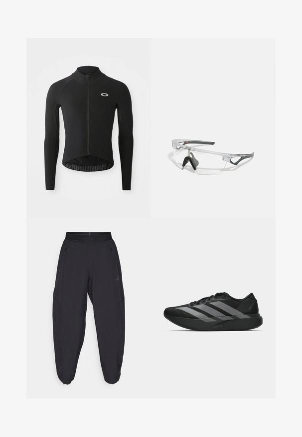 Melnā garām piedurknēm velosipēdu krekls ar rāvējslēdzēja priekšpusi, strukturētiem piedurkņu paneļiem, atstarojošu logo uz krūšu daļas un izliekta apakšmala aizmugurē.; Melni sporta bikses ar elastīgu jostu, ar kabatām ar rāvējslēdzēju sānos, sašaurinātām kājām un diskrētu logotipu labajā augšstilbā.; Melni sporta apavi ar vieglu dizainu, ar trim izteiksmīgiem pelēkiem svītrām, gludu virsmu un kontūrveida zoli.; Skidras aizsargbrilles ar vieglu, caurspīdīgu rāmi un pelēkiem akcentiem. Iespējas ietver apvērsto dizainu un regulējamu deguna atbalstu.