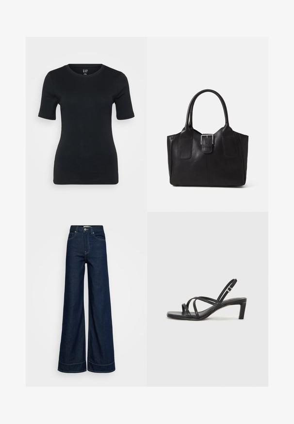 Juodas prigludęs marškinėliai trumpomis rankovėmis, apvalia iškirpte, su raukšlių tekstūra ir subtiliu logotipu netoli apykaklės.; Tamsiai mėlynos aukšto liemens plačiakojės džinsai su priekinėmis kišenėmis, diržo kilpelėmis, mygtuko uždarymu ir matomu siuvimu ant balto fono.; Juodi šlepetės su kvadratiniu pirštu ir žemu bloku kulnu. Yra keli ploni dirželiai ir reguliuojamas kulkšnies diržas. Pagaminti iš lygios odos.; Juodas odinis nešiojamas krepšys su lygiu paviršiumi, struktūrine forma, dviem rankenėlėmis ir ryškiu sidabriniu sagties akcentu priekyje.