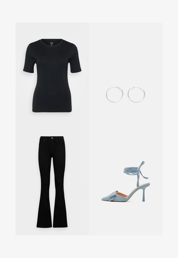 Černé přiléhavé tričko s krátkým rukávem, kulatým výstřihem, žebrovanou texturou a nenápadným umístěním loga blízko límce.; Černé vysoké džíny s knoflíkem a zipovým zapínáním, předními kapsami a rozšířenými nohavicemi, ležící na bílé podložce.; Lodičky s špičatou špičkou v světle modré tkanině s texturovaným povrchem, s mašlí a kotníkovým páskem pro bezpečné uchycení.; Stříbrné kruhové náušnice s elegantním, kulatým designem, s hladkým povrchem a bez viditelných ozdob. Průměr není specifikován.