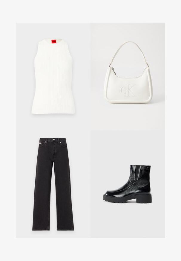 Valge ilma varrukateta top, millel on ribakujuline tekstuur ja kehaehitust rõhutav disain. Kaeluse asemel on heegeldusega punane brändi silt. Sile kangas.; Mustad laiad mustad teksad, millel on kõrge vöökoht, viie tasku stiil ja metallist nööpkinnitus kontrastsete õmblustega.; Mustad mustad tossud läikiva patendi nahaga viimistlusega, jäme musta kummist tald ja kõrgendatud konts; sisaldab külgedel peent logodegust.; Valge nahast käekott, millel on kumer kuju, esiküljel on reljeefne "CK" logo ja üks õlavarre rihm. Ülemine tõmblukkuu.