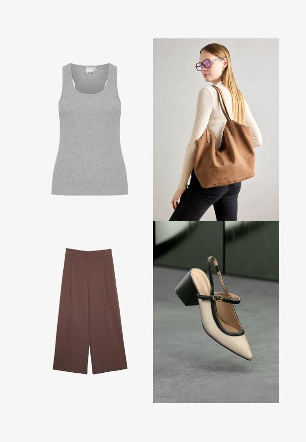 Canottiera grigia a coste con scollatura a forma di uovo e bretelle larghe. Realizzata in un tessuto morbido e leggero. Presenta una forma aderente e cuciture minime.; Pantaloni ampi marroni con una texture liscia, caratterizzati da una vita alta e pieghe frontali. Il tessuto è leggero e scorre liberamente.; Scarpa beige con punta a stivale, con rifiniture nere, fibbia dorata e tacco a blocco spesso su un pavimento grigio con sfondo verde scuro.; Borsa a tracolla in suede marrone con texture morbida, ampia apertura e lunghe cinghie. Caratterizzata da un design semplice con cuciture visibili e senza accessori.