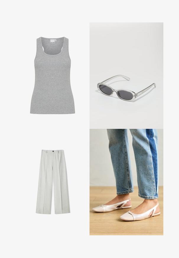 Grå ribbet tanktop med en rund udskæring og brede stropper. Lavet af blødt, letvægtsstof. Har en tætsiddende pasform og minimal søm.; Lys grå brede benbukser lavet af et struktureret stof, med knaplukning og to plisser foran for ekstra detaljer.; Lyserøde slingback flade sko med spidse tær, lavet af et glat læderlignende materiale. Har udskæringsdetaljer på siderne og en flad hæl.; Solsikker med oval form, klar plastramme, mørkegrå linser og tynde gennemsigtige arme med logovariationer og minimal detaljer.; Beige håndtaske lavet af blødt materiale med et slouchy design, stikninger og to skulderremme. Velegnet til daglig brug.