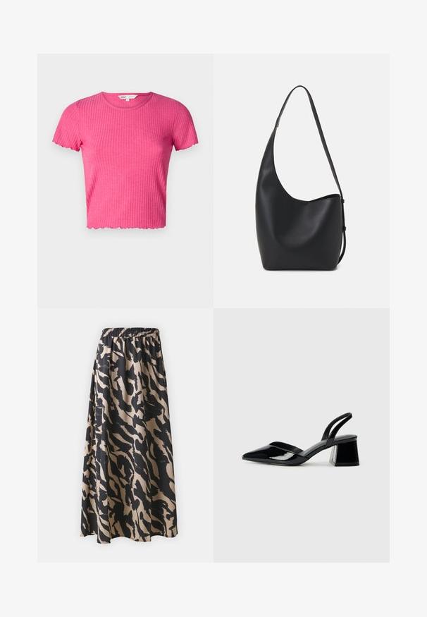 Rožinė banguota šviesaus rankovėmis viršutinė dalis su apvaliu kaklu ir įsiūtu kraštu. Pagaminta iš minkštos medžiagos, pasižymi prigludusia siluetu.; Juodas ir bežinis ilgas sijonas su elastinga juosta, turintis abstraktų gyvūnų raštą ir laisvą siluetą.; Juodos lakuotos odinės šlepetės su smailiu pirštu ir geometriniu bloko kulnu. Turi elegantišką, minimalistinį dizainą ir lygų paviršių.; Juodas odinis hobo maišas su lygiu paviršiumi, kreipta forma ir viena reguliuojama rankena; turi platų atidarymą viršuje.