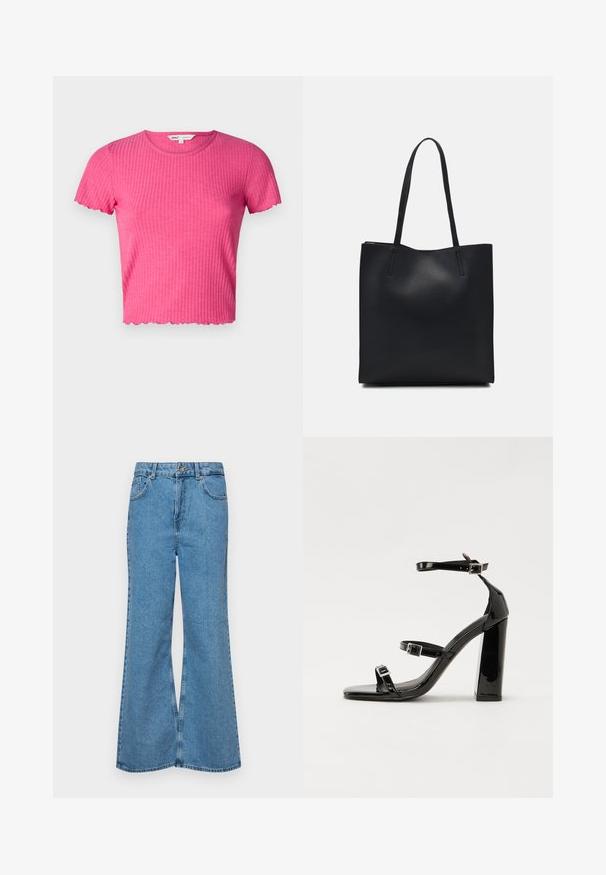 Pink ribbed short-sleeve top with a round neckline and scalloped hem. Made from soft fabric, it features a fitted silhouette.; Light blue flared jeans made of denim, featuring a high waist, five pockets, and a single button closure. Soft texture with faded finish.; Black patent heeled sandals with a square toe, ankle straps, and silver buckles. Features a chunky block heel for stability.; Black leather tote bag with smooth texture, rectangular shape, and two long handles. No visible hardware or embellishments.