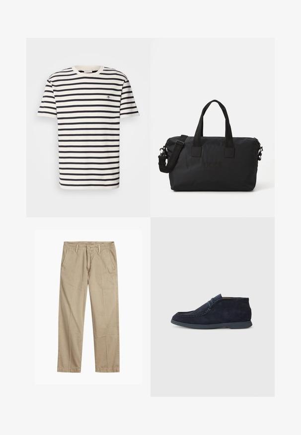 Vaalean kermanvärinen ja tummansiniraidallinen lyhythihainen T-paita, joka on valmistettu puuvillasta. Tässä paidassa on ribattua kaula-aukkoa ja pieni brodeerattu logo rinnassa.; Beige suorat lahkeet chinosit vyölenkkeillä, etupainike- ja vetskarikiinnitys sekä viistot etutaskut.; Laivastonsiniset mokkasiinimalliset chukka-bootsit, joissa on pyöristetty kärki ja ommeltuja yksityiskohtia. Varustettu sileällä kumipohjalla ja minimalistisella muotoilulla ilman näkyvää brändäystä.; Musta nailoninen duffel-laukku, jossa on kaksi yläkahvaa ja irrotettava olkahihna. Varustettu kohokuvioidulla logolla ja sileällä pinnalla, jossa on vetoketjusuljenta.