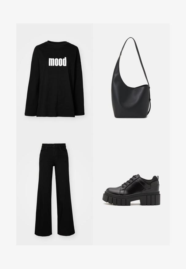 Camisola preta de manga longa feita de algodão, com um decote arredondado e um grande gráfico branco com a palavra "mood" na parte da frente. Corte descontraído.; Calças largas pretas em denim, com uma cintura estruturada, passantes para cinto e bolsos frontais. Textura suave com um design clássico.; Sapatos de plataforma em couro preto com um salto bloco robusto, bico redondo e design clássico de atacadores. Apresentam uma textura suave e detalhes mínimos.; Saco hobo preto em pele com uma textura lisa, forma curva e uma única alça ajustável; apresenta uma abertura larga na parte de cima.