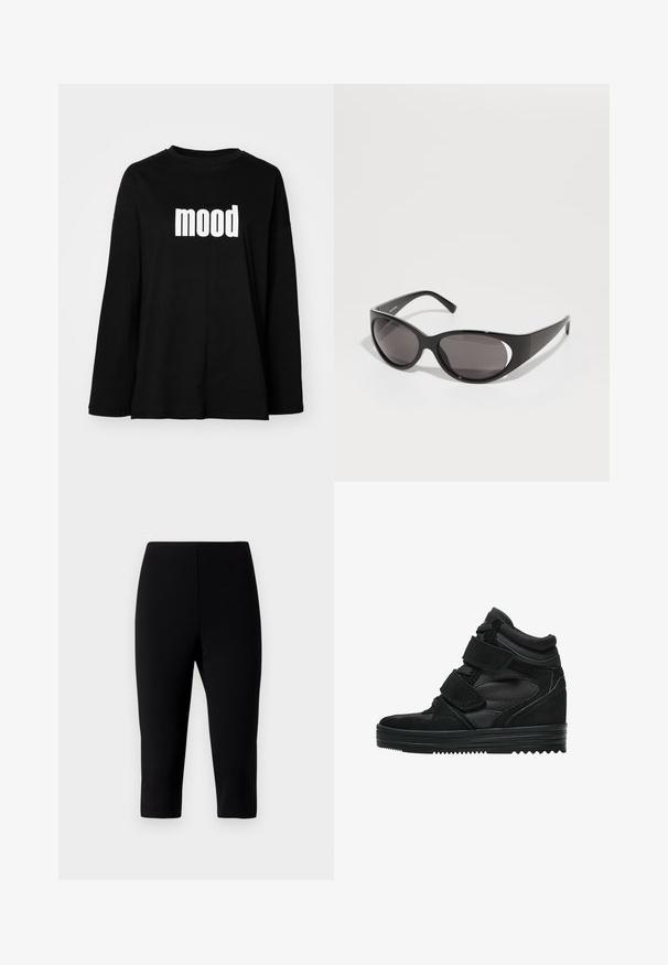 Czarna koszulka z długim rękawem wykonana z bawełny, z okrągłym dekoltem i dużą białą grafiką "mood" z przodu. Luźny krój.; Czarne spodnie capri wykonane z elastycznej tkaniny, o dopasowanym kroju, sięgające tuż poniżej kolana, z gładką fakturą i bez widocznych szwów.; Czarne wysokie sneakersy wykonane z zamszu i siateczki, z rzepami, gładkim wykończeniem oraz teksturowaną gumową podeszwą dla lepszej przyczepności.; Czarne okulary przeciwsłoneczne z owalnymi soczewkami i smukłym designem. Oprawki są błyszczące i szerokie, z wycięciem po bokach.