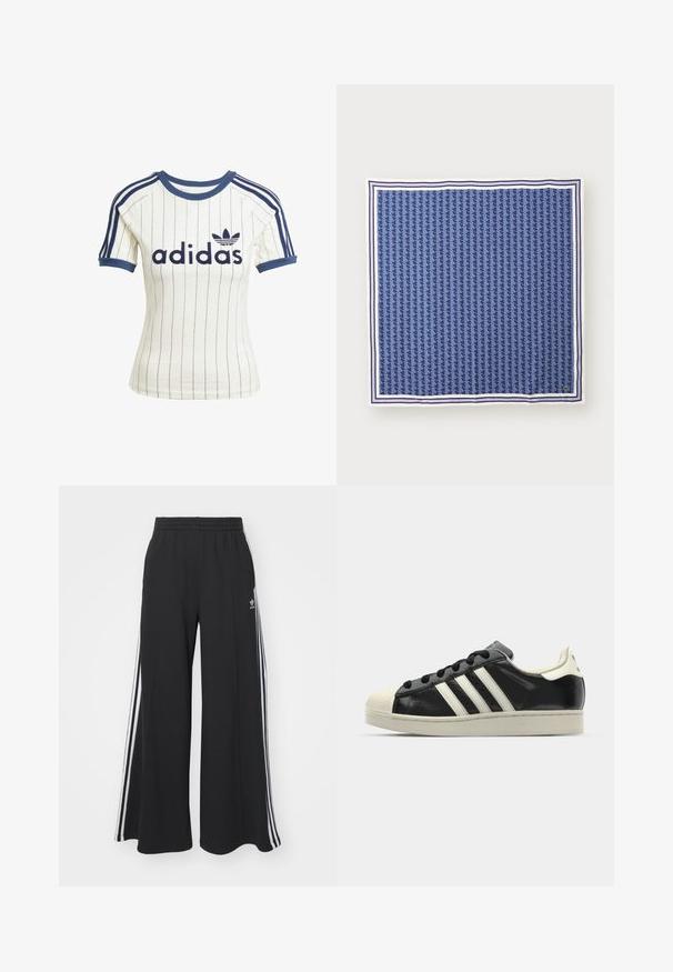 Adidas hvit stripet t-skjorte med marineblå detaljer, med rund hals, korte raglanermer og kraftig "adidas" logo på fronten.; Svart vide joggebukser med elastisk midjebånd, med hvite sidestriper og brodert logo på venstre lår.; Svarte skinnsneakers med hvite striper, gummitopp, svarte lisser og en kremfarget såle. Glatt tekstur med blank finish.; Mørkeblå silkeslærf med geometrisk mønster, kantet med hvite og mørkeblå striper. Logo i nedre høyre hjørne.