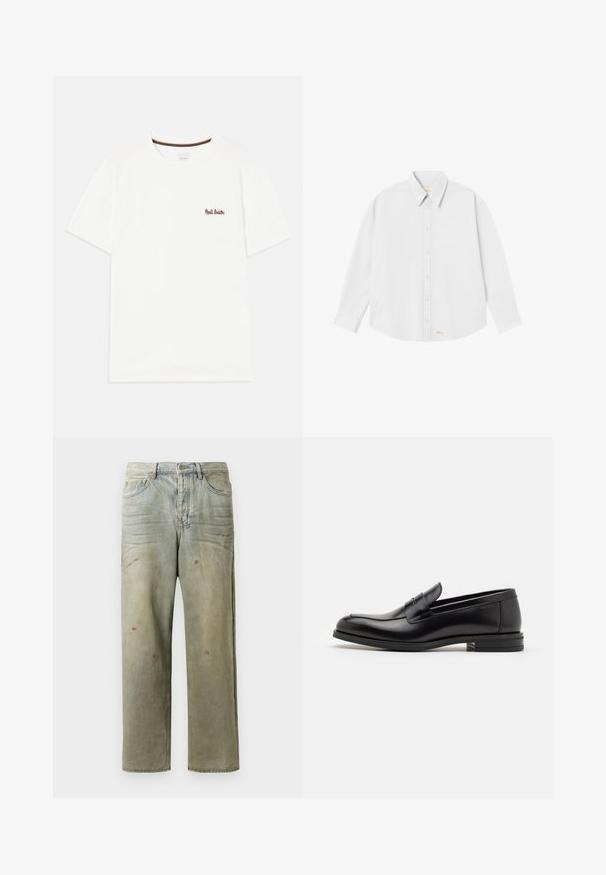 Hvid bomulds t-shirt med korte ærmer. Har et lille flerfarvet broderet logo på venstre bryst og en stribet halsudskæring.; Hvid skjorte med knapper og klassisk krave, lange ærmer og rundet kant; har lille orange logo nederst til venstre.; Slidte denimjeans i lysegrøn med lige ben, femlommerdesign og ujævn falming med malersplatter.; Sorte læderloafers med en glat overflade, rund tå og en dekorativ strop over vampen. Lav hæl med stabeldesign, minimalistisk stil.
