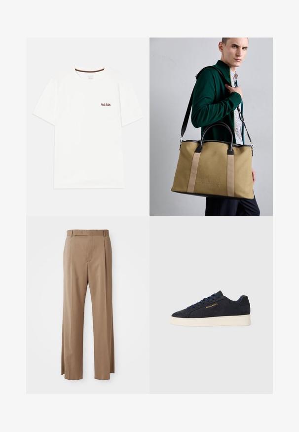 Biela bavlnená tričko s krátkymi rukávmi. Obsahuje malé, viacfarebne vyšívané logo na ľavej strane hrude a pruhovaný obvod krku.; Svetlo hnedé prispôsobené nohavice so rovnými nohavicami, pútka na opasok, predný šev a skrytá zápinka, vystavené na bielom pozadí.; Námornícky modré semišové nízke tenisky s bielou podrážkou, námorníckymi šnúrami a zlatým logom "Filling Pieces" na boku.; Plátená taška v béžovej farbe s tmavými koženými detailmi, obsahuje dvojité uchá a odnímateľný ramenný popruh; embosované logo na prednej strane.