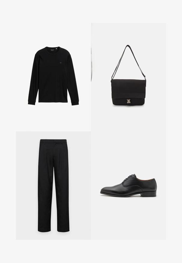 Schwarzes Langarm-T-Shirt aus weichem Stoff; verfügt über einen Rundhalsausschnitt, gerippte Bündchen und ein kleines Logo auf der Brust als Detail.; Schwarze Hose aus glattem Stoff, mit geradem Bein Design, zwei vorderen Falten und einem Standardbund mit Gürtelschlaufen.; Schwarze Leder-Dressschuhe mit glatter Oberfläche, spitzem Zehenbereich und sechslöcheriger Schnürung, ausgestattet mit niedrigem Absatz und subtilen Steppnähten.; Schwarze Umhängetasche aus glattem Material, mit einem umklappbaren Deckel, silbernem Verschluss und verstellbarem Schultergurt.