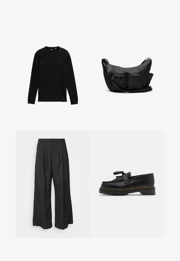 Črna dolgoročna majica s kratkimi rokavi iz mehkega blaga; ima okroglo ovratnico, rebraste manšete in majhno logo na prsih za podrobnost.; Črne široke hlače s črtami in pregibi, s krojem po meri in mehko teksturo. Ni vidne opreme ali dodatkov.; Črne usnjene loafersice s kaširanim naglasom, z debelim črnim podplatom in rumenim šivom ob robu. Teksturirana površina.; Črna torba za ramena s ukrivljeno obliko, ki vsebuje dve sprednji žepki na zadrgo in širok nastavljiv trak. Preprost in funkcionalen dizajn.