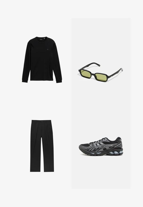 Musta pitkähihainen T-paita pehmeästä kankaasta; siinä on pyöreä kaula-aukko, ribbireunat hihansuissa ja pieni logo rinnassa yksityiskohtana.; Mustat housut suoranlahkeisella muotoilulla, valmistettu sileästä kankaasta. Ominaisuuksiin kuuluu etupleateet ja yksi nappikiinnitys vyötäröllä.; Musta urheilukenkä, jossa on verkkovuori, hopeisia yksityiskohtia ja pehmustettu pohja. Varustettu nauhakiinnityksellä ja rakenteellisella pohjalla pidon takaamiseksi.; Musta aurinkolasit kulmikkaalla muotoilulla, vihreät sävytetyt linssit ja sileät muovilaitteet. Ominaisuudet kultaiset korostukset temppeleissä.