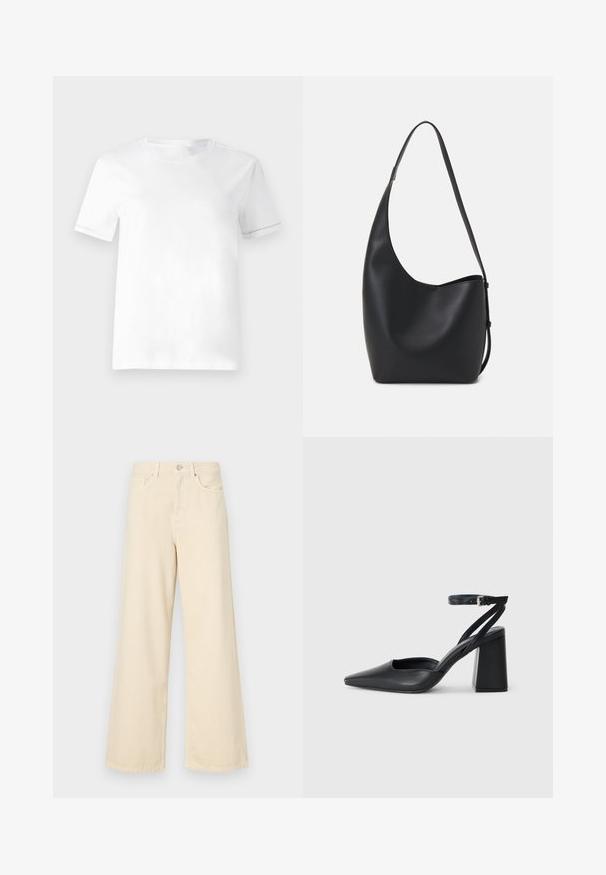 Bela bombažna majica s kratkimi rokavi in okroglim ovratnikom. Ima preprost dizajn z gladko strukturo brez vidnih vzorcev ali dodatkov.; Bež jeans širokega kroja iz bombaža. Imajo gumbno zapiranje, zanke za pas in sprednje žepe ter gladko, mehko teksturo.; Črne usnjene klasične čevlje z ostrim nosom, z zaponko za gleženj in debelim peto. Ravna tekstura, eleganten dizajn in minimalistična estetika.; Črna usnjena hobo torba z gladko teksturo, ukrivljeno obliko in eno nastavljivo naramnico; ima širok odprtina na vrhu.