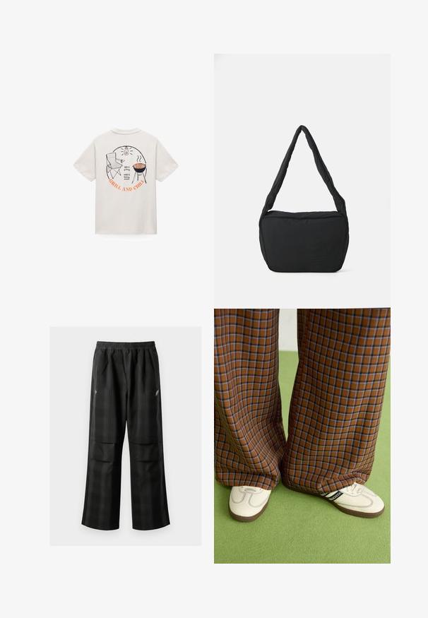 Hvid T-shirt med rygtryk, der viser en klapstol, grill med pølser, lanterne og teksten "425°F grilling, 600°F bagning af pizzaer, GRILL OG CHILL."; Sorte ternede bukser med elastisk talje, to forlommer og en løs pasform med lige ben. Fremstillet af letvægtsmateriale.; Brune og blå ternede brede benbukser parret med hvide sko med sorte accenter og strukturerede såler, sat mod en grøn baggrund.; Sort skuldertaske med en polstret tekstur, en rund form og et bredt rem, præget med et logo på forsiden.