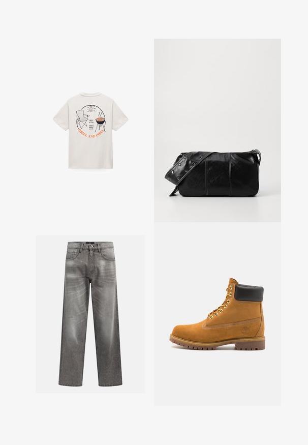 Balta marškiniai su atspaudu nugarinėje pusėje, kurioje pavaizduota sulankstoma kėdė, kepsninė su dešrelėmis, žibintas ir tekstas "425°F kepsninė, 600°F picai kepti, KEPPIA IR ATSIPALAIDUOKITE."; Pilkos džinsinės kelnės su laisvu siluetu, turinčios plaukų ir išblukimo detalių, klasikinis penkių kišenių dizainas ir mygtukų uždarymas.; Tan spalvą turintys suknelės batus iki kulkšnies su juodu paminkštintu apvadu, auksiniais metaliniais akių užsegimais, baltais siūlų dekoratyviniais elementais ir tvirtu guminiu padu su ryškiai išreikštais raštais.; Juodas odinis pečių krepšys su užtrauktuku, turintis tekstūruotą paviršių, baltą siuvinėjimą ir dirželį su sidabinėmis metalinėmis detalėmis.