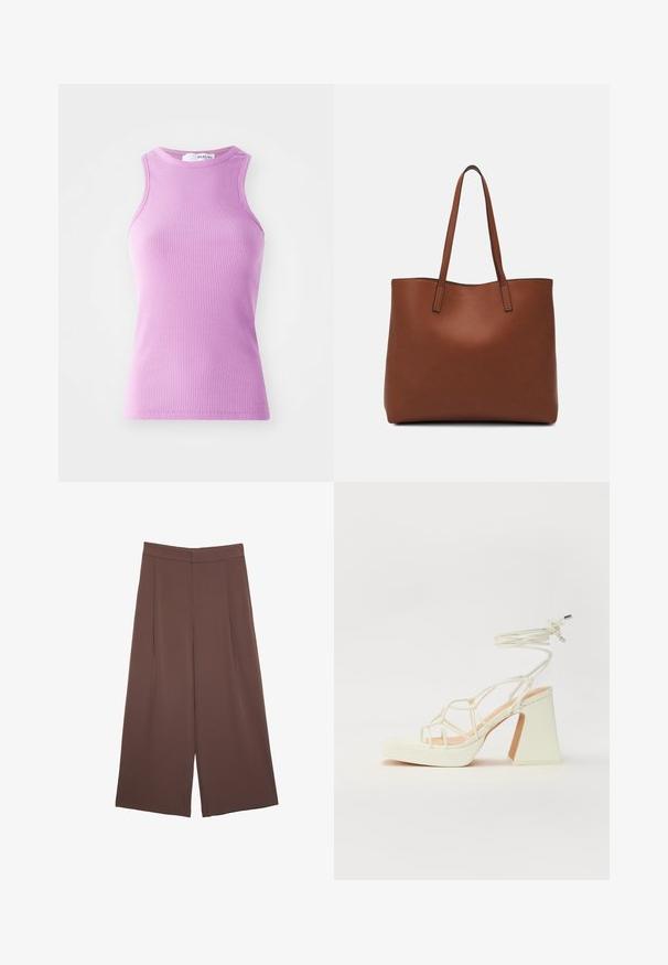 Fialový žebrovaný top s těsným střihem, vysokým výstřihem a bez rukávů. Má rovný spodní lem a jemně strukturovaný povrch.; Hnědé široké kalhoty s hladkou texturou, vysokým pasem a předními záhyby. Materiál je lehký a volně splývá.; Bílé sandály na vysokém podpatku s robustním podpatkem, s designem s pásky a zavazováním kolem kotníku. Hladký povrch s platformou vpředu pro zvýšení výšky.; Hnědá kožená taška přes rameno s hladkou texturou, otevřeným designem a dvěma ramenními popruhy. Obsahuje minimální švy a žádné viditelné kovové prvky.