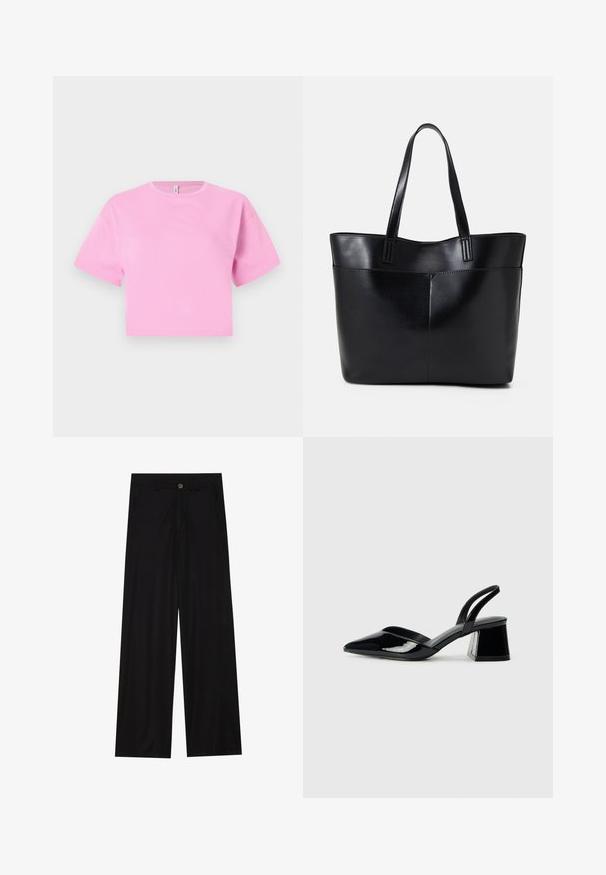 Korte roze crop top van een gladde katoen stof, met een ronde hals en korte mouwen. Eenvoudig ontwerp, zonder patronen of accenten.; Zwarte wijde broek van een gladde stof, met zijzakken en een knoopsluiting bij de taille. Minimalistisch ontwerp zonder patronen.; Zwarte gepatineerde leren slingback hakken met een spitse neus en een geometrische blokhak. Kenmerkt zich door een slank, minimalistisch ontwerp en een gladde textuur.; Zwarte leren tote bag met twee lange handvatten, een zachte textuur en een gestructureerde vorm. Voorzien van een voorvak voor extra opslagruimte.