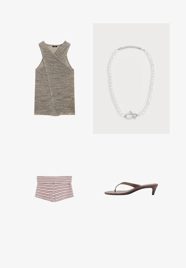 Gray sleeveless top with a cross-over design, made of a textured knit fabric. Features a V-neck and wide armholes.; Striped shorts with a high waist design, featuring vertical lines in pink, white, and dark tones; made from a soft, stretchy fabric.; Brown heeled flip-flop sandal with a slender strap and rounded toe post, featuring a small gold accent on the footbed.; White pearl necklace with varied shapes and sizes, featuring a silver toggle clasp for closure. Smooth texture with shiny finish.