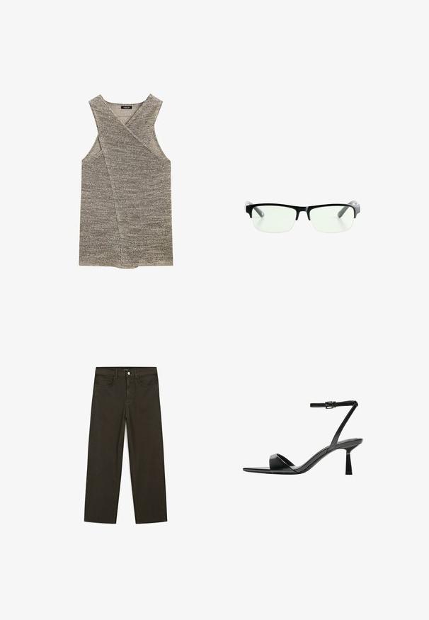 Šedý bezrukávový top s překříženým designem, vyrobený z texturované pleteniny. Má výstřih do V a široké otvory na paže.; Tmavě zelené široké džínsy vyrobené z bavlněné směsi, s předním zapínáním na knoflík, pěti kapsami a klasickým denimovým stehem.; Bershka Sandály na vysokém podpatku - black; Černé obdélníkové brýle s průhlednými čočkami, s elegantními černými obroučkami a šedými průhlednými koncovkami. Minimalistický design, bez viditelného brandingu.; Hnědá kožená taška přes rameno s dvěma dlouhými uchy, strukturální obdélníkový tvar, hladká textura a jemné švy.