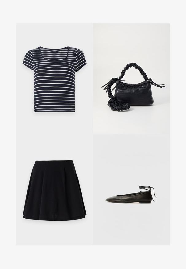 Mornarsko modra in bela črtasta majica s kratkimi rokavi in krožnim izrezom. Narejena je iz mehkega bombaža in ima enakomerne vodoravne črte različne širine.; Črna bombažna krila s flared silhueto, ki ima naborke ob pasu in gladko teksturo. Primerna za vsakodnevno nošenje.; Črne usnjene baletne čevlje s koničastim nosom, vezi okrog gležnja in ravnim podplatom, ki se ponašajo z gladko teksturo in minimalističnim dizajnom.; Črna torbica iz umetnega usnja s krokodilovo teksturo, z zvitim vrhom in zmečkano naramico. Zdi se mehka in kompaktna v oblikovanju.