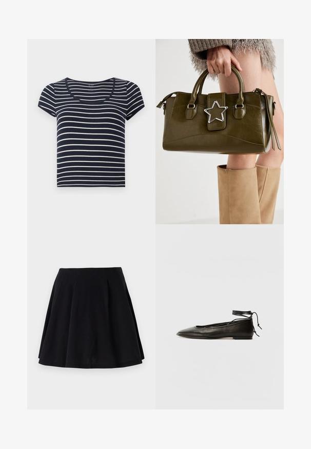 Marineblau-weiß gestreiftes T-Shirt mit kurzen Ärmeln und Rundhalsausschnitt. Aus weichem Stoff gefertigt, mit gleichmäßigen horizontalen Streifen in unterschiedlichen Breiten.; Schwarzer Baumwollrock mit schwingendem Schnitt, der Falten im Taillenbereich und eine glatte Textur aufweist. Geeignet für legere Anlässe.; Schwarze Leder-Ballerinas mit spitzem Zehenbereich, Knöchelband und flacher Sohle, die eine glatte Textur und ein minimalistisches Design aufweisen.; Olivgrünes Kunstlederhandtasche mit silbernem Sternakzent, doppelten Griffen und einem Reißverschluss. Strukturierten Form und texturierten Oberfläche.