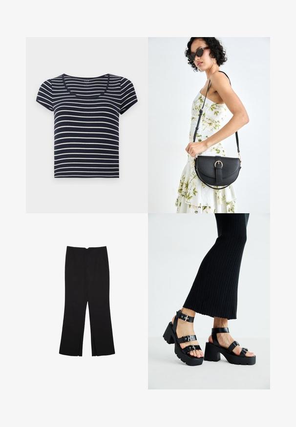 Navy and white striped short-sleeve T-shirt with a scoop neckline. Made of soft fabric, featuring even horizontal stripes in varying widths.; Black trousers with a straight fit, featuring front pockets and side slits at the hem. Made of soft, smooth fabric. Suitable for various occasions.; Black platform sandals with chunky, lug soles and multiple straps, featuring metal buckles and a smooth leather-like texture.; Black leather handbag with a curved shape, detachable strap, and gold hardware. The bag features a flap with a buckle detail.