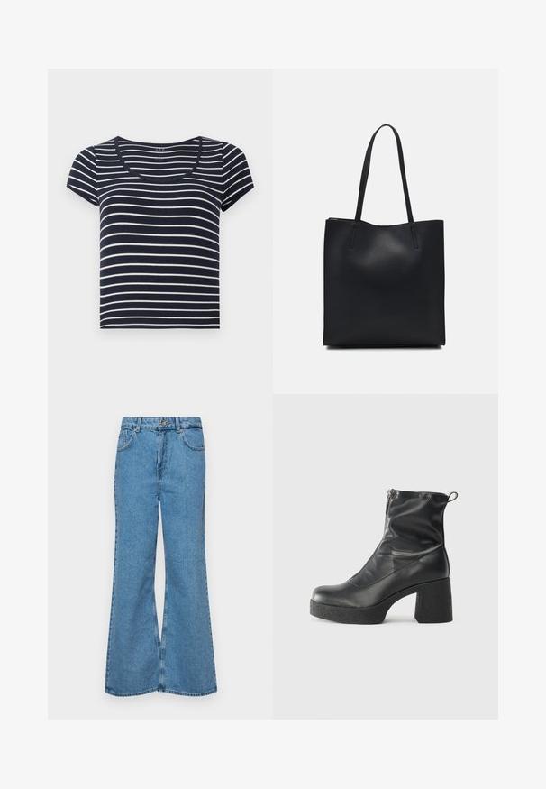 Tengerészet és fehér csíkos, rövid ujjú póló, lekerekített nyakkivágással. Puha anyagból készült, egyenletes vízszintes csíkokkal, eltérő szélességekkel.; Világoskék, trapézszárú farmernadrág, magas derékkal, öt zsebbel és egy gombos záródással. Puha tapintású, magasított effektusú anyag.; Fekete bokacsizmák sima bőrből, oldalsó cipzárral, vastag, texturált sarkú és lekerekített orrú dizájnnal.; Fekete bőrtáska sima felszínnel, téglalap alakú, két hosszú füllel. Nincs látható fémkiegészítő vagy díszítés.