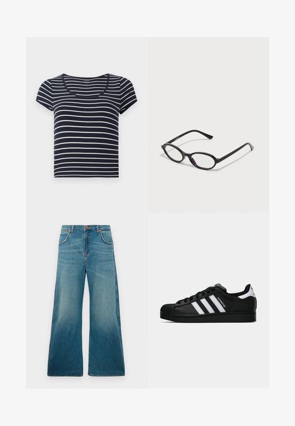T-shirt à manches courtes rayé bleu marine et blanc avec un décolleté en scoop. Fabriqué en tissu doux, avec des rayures horizontales uniformes de largeurs variées.; Jeans en denim bleu taille haute avec jambes larges, poches avant, fermeture à bouton et dégradé de couleur usé allant de la taille à l'ourlet.; Baskets Adidas Superstar noires avec rayures blanches, bout en coque, et texte "Superstar" sur le côté, montrées en profil sur fond blanc.; Lunettes à monture ovale noire avec des accents translucides violets sur les verres. La monture a une finition mate et des branches fines et droites.