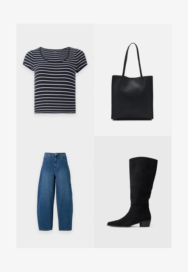 T-shirt a righe navy e bianche con maniche corte e scollatura a barca. Realizzato in tessuto morbido, presenta righe orizzontali uniformi di varia larghezza.; Jeans in denim con un lavaggio blu medio, caratterizzati da una vita alta, una gamba larga e un design a cinque tasche standard con dettagli di cucitura visibili.; Stivale nero in suede alto fino al ginocchio con tacco basso e punta affusolata, presentato in vista laterale su uno sfondo grigio chiaro uniforme.; Borsa tote in pelle nera con texture liscia, forma rettangolare e due manici lunghi. Nessun hardware o decorazione visibile.