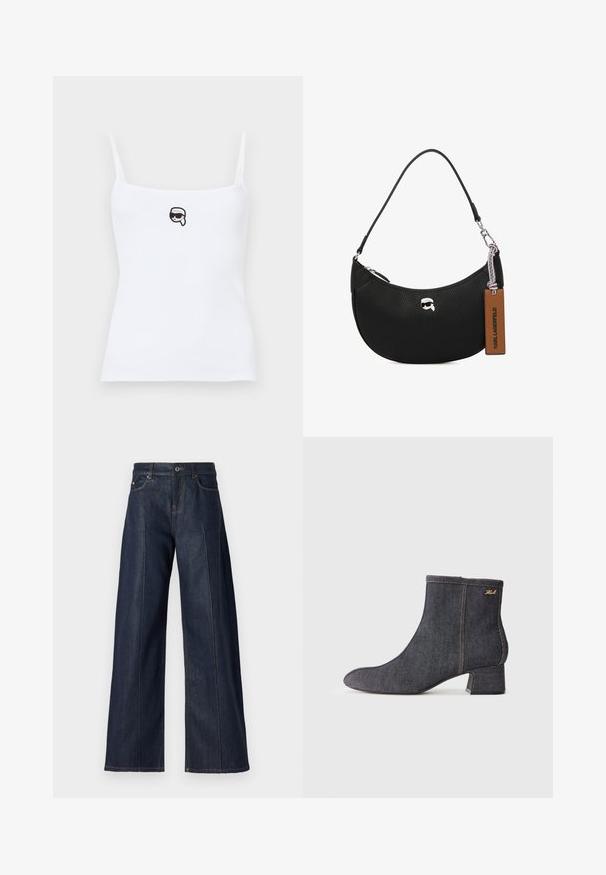 Biela rebrovaná tielko s tenkými ramienkami, na prednej strane s vyšitým čiernym karikatúrnym tvárou v slnečných okuliaroch. Jemná textúra látky.; Široké nohavice z tmavomodrej denimu s hladkou textúrou, vybavené piatimi vreckami, gombíkom a kontrastným prešívaním pozdĺž švov.; Tmavé jeansové členkové čižmy s špicatou špičkou, blokovým podpätkom, viditeľným šitím a jemným logom značky na boku. Hladká textura.; Čierna kožená kabelka s textúrou jemných bradavíc, zakriveným tvarom, horným zipsom, striebornými kovaniami a hnedou visačkou. Má akcent v podobe loga.